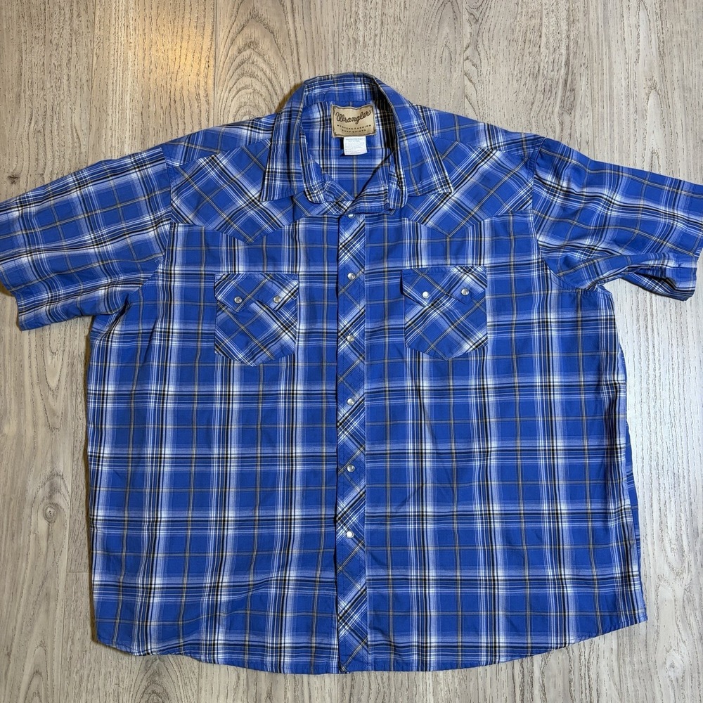 Wrangler Wrancher Plaid Western Shirt‎ Short Sleeve Blue White 2XL